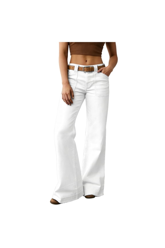 Jeans for Women Mid Rise Ripped Hem Boyfriend Wide Leg Denim Pants Baggy Trendy Casual Pants with Pockets(White,Small)