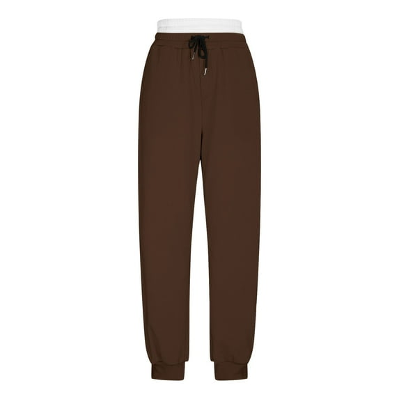 Ltctricy Joggers for Women Baggy Elastic High Waisted Drawstring Cinch Bottom Sweatpants Casual Workout Pants with Packets(Brown,X-Large)