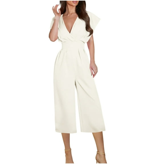Ltctricy Jumpsuits for Women Cap Sleeve Wrap Deep V Neck Pleated Cropped Wide Leg Rompers Dressy Casual One Piece Outfits