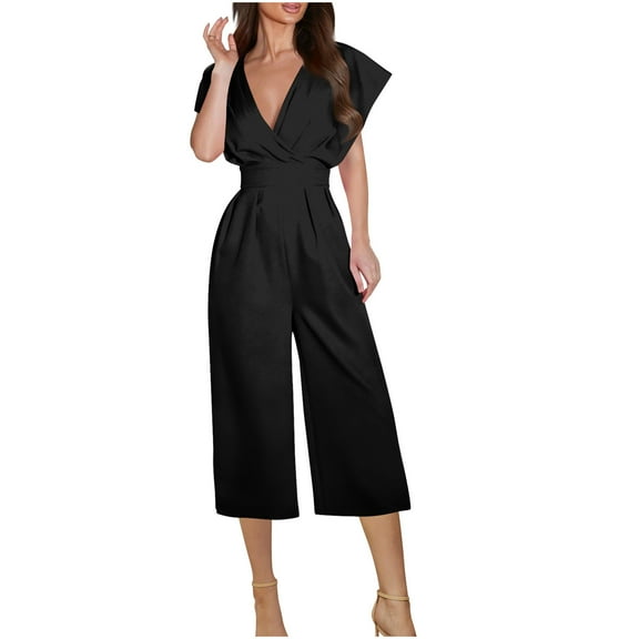 Ltctricy Jumpsuits for Women Cap Sleeve Wrap Deep V Neck Pleated Cropped Wide Leg Rompers Dressy Casual One Piece Outfits