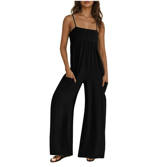 Ltctricy Jumpsuits for Women Casual Sleeveless Spaghetti Strap Wide Leg Summer Rompers One Piece Overalls with Pockets