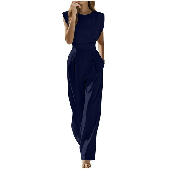 Ltctricy Jumpsuits for Women Dressy Casual Cap Sleeve Crew Neck Wide Leg Pant Rompers One Piece Outfits with Pockets(Navy,Medium)