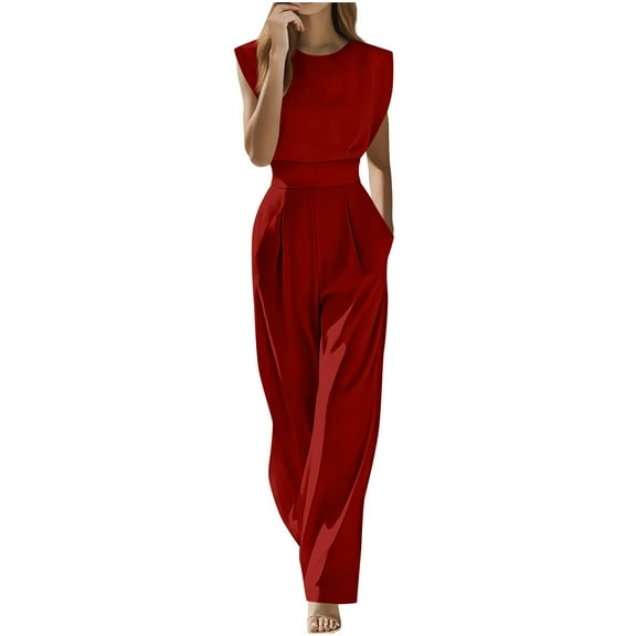 Ltctricy Jumpsuits for Women Dressy Casual Cap Sleeve Crew Neck Wide Leg Pant Rompers One Piece Outfits with Pockets(Red,X-Large)