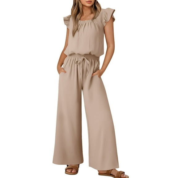 Ltctricy Jumpsuits for Women Square Neck Drawstring Ruffle Cap Sleeve Rompers Wide Leg Overalls with Pockets