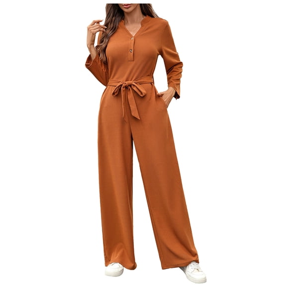 Ltctricy Jumpsuits for Women V Neck Half Button Belted Long Sleeve Wide Leg Rompers Loose Casual Overalls with Pockets(Brown,Medium)