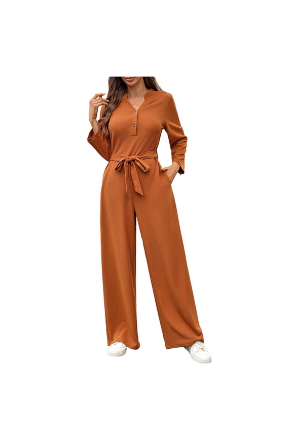 Jumpsuits for Women V Neck Half Button Belted Long Sleeve Wide Leg Rompers Loose Casual Overalls with Pockets(Brown,X-Large)
