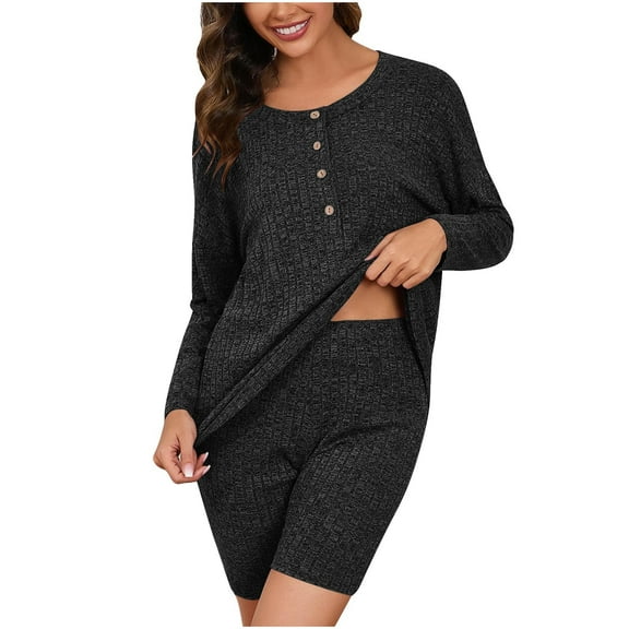 Ltctricy Knitted Pajamas Sets for Women 2 Piece Lounge Long Sleeve Tops and Biker Shorts Comfy Outfits Sleepwear