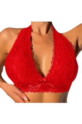 Lace Bralettes for Women Halter Deep V Neck Unpadded Wirefree Triangle Bralettes Plunge Everyday Bars(Red,Medium)