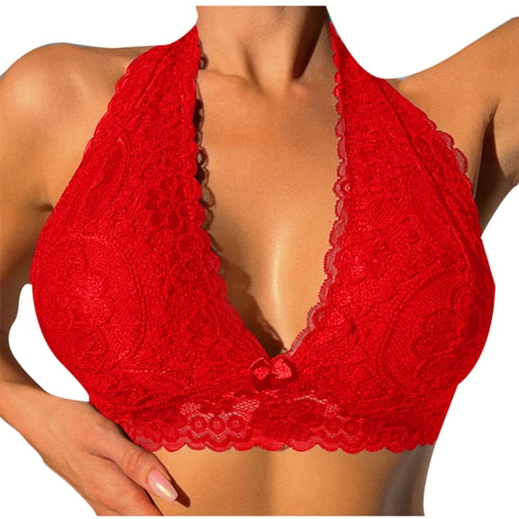 Ltctricy Lace Bralettes for Women Halter Deep V Neck Unpadded Wirefree Triangle Bralettes Plunge Everyday Bars(Red,Small)
