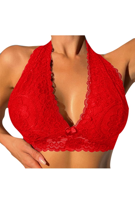 Lace Bralettes for Women Halter Deep V Neck Unpadded Wirefree Triangle Bralettes Plunge Everyday Bars(Red,Small)