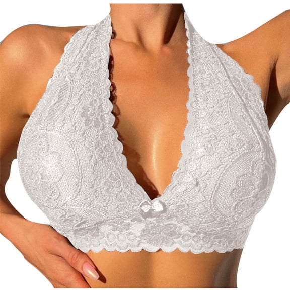 Ltctricy Lace Bralettes for Women Halter Deep V Neck Unpadded Wirefree Triangle Bralettes Plunge Everyday Bars(White,Small)
