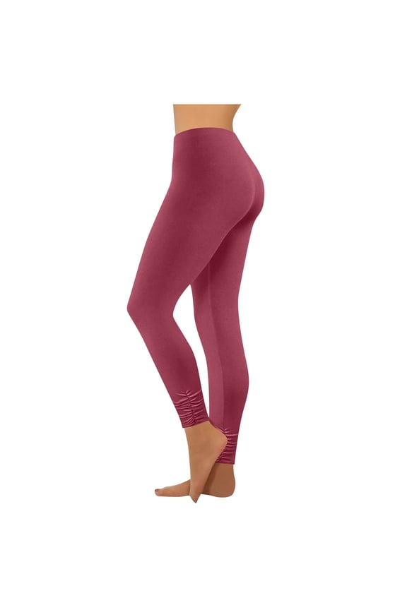 Leggings for Women High Waisted Stretchy Ruched Hem Slim Workout Gym Yoga Pants Athletic Running Tights(Wine,Small)