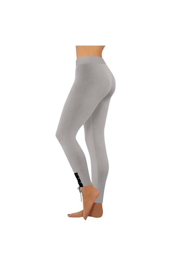 Leggings for Women Seamless Mid Waist Stretchy Pull on Tie Hem Slim Workout Yoga Pants Casual Running Tights(Gray,Large)