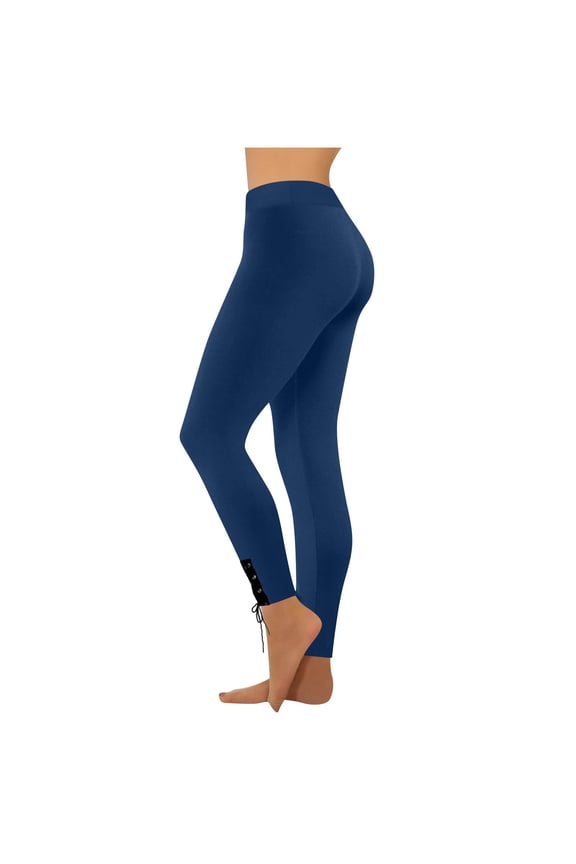 Leggings for Women Seamless Mid Waist Stretchy Pull on Tie Hem Slim Workout Yoga Pants Casual Running Tights(Navy,Large)