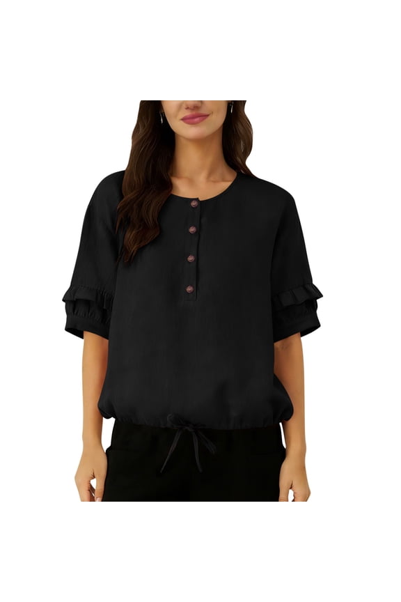 Linen Tops for Women Ruffle Lantern Crew Neck Half Button Drawstring Hem Cotton T Shirts Casual Loose Blouses
