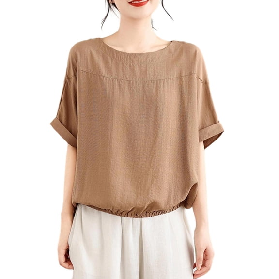 Ltctricy Linen Tops for Women Summer Cotton Blend Short Sleeve Crew Neck Solid Color Tee Shirts Casual Loose Blouses