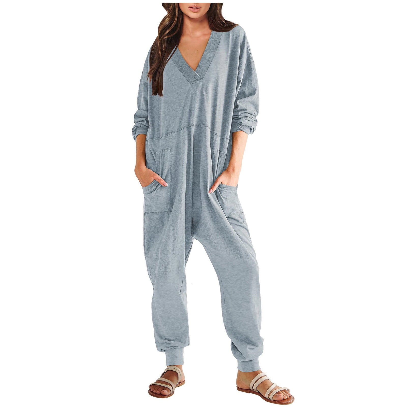 Ltctricy Long Sleeve Jumpsuits for Women Casual Loose V Neck Romper ...