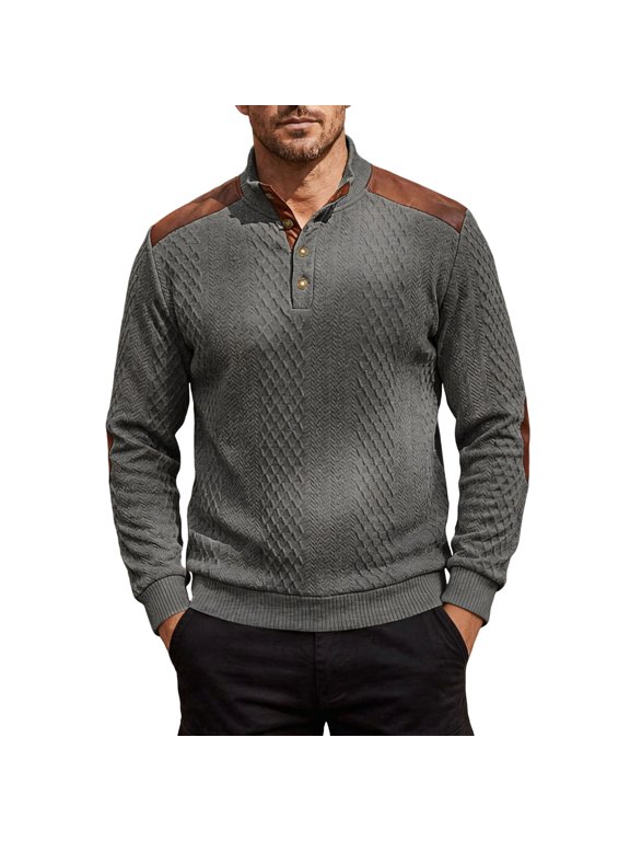 Long Sleeve Shirts for Men Textured Quarter Button Pullover with Elbow Patches Mock Neck Casual Tops(Dark Gray,Small)