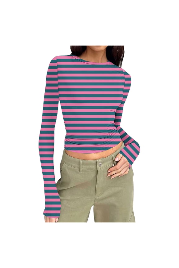 Long Sleeve Shirts for Women Crew Neck Striped Ruched Slim T-Shirts Base Layer Tops Casual Basic Tees Tight Undershirts(Purple,X-Large)