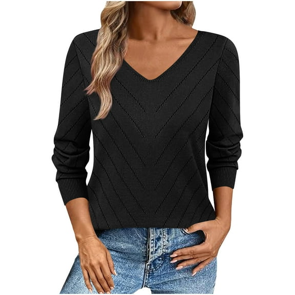 Ltctricy Long Sleeve Shirts for Women Loose Casual V Neck Pullover Knit Tops Lightweight Sweaters Fall Winter Fashion Outfits(Black,Large)