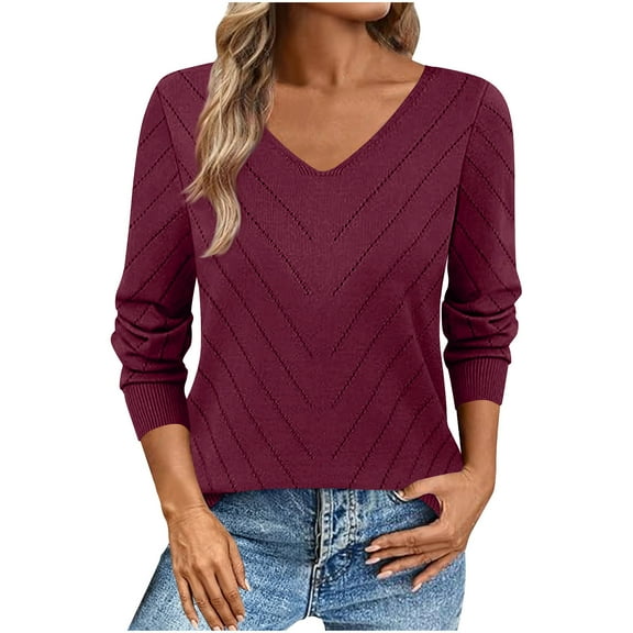 Ltctricy Long Sleeve Shirts for Women Loose Casual V Neck Pullover Knit Tops Lightweight Sweaters Fall Winter Fashion Outfits(Wine,X-Large)