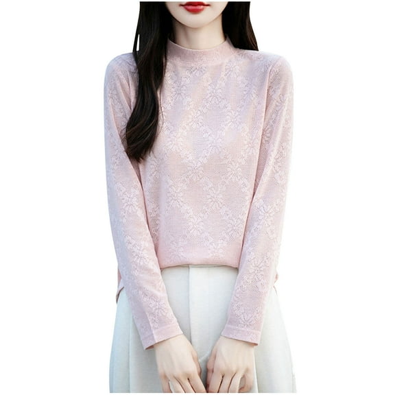 Ltctricy Long Sleeve Shirts for Women Mock Neck Embroidered Basic Knit Tops Soft Casual Lightweight Sweaters Loose Undershirts(Pink,Medium)