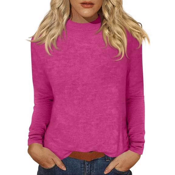 Ltctricy Long Sleeve Shirts for Women Mock Neck Solid Color Basic T Shirts Base Layer Tops Soft Casual Undershirts(Hot Pink,Large)