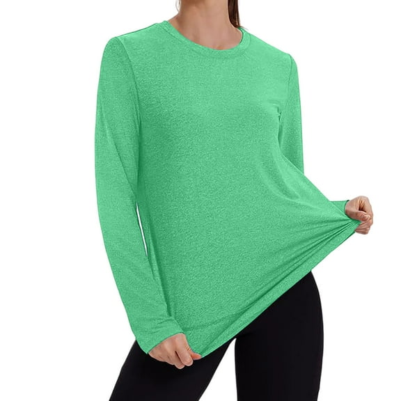 Ltctricy Long Sleeve Shirts for Women Trendy Crew Neck Curved Hem Athletic Casual T Shirts Solid Color Tunic Tops Basic Tees(Green,Small)