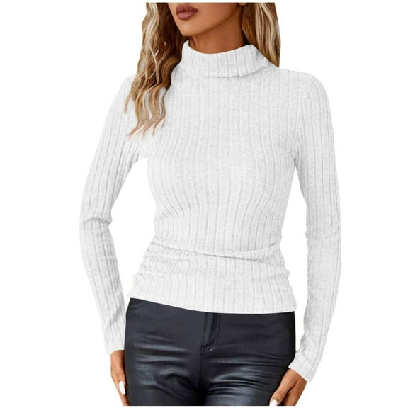 Ltctricy Long Sleeve Shirts for Women Turtleneck Ribbed Knit Slim Basic T Shirts Base Layer Tops Fleece Warm Undershirts(White,Medium)
