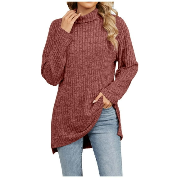 Ltctricy Long Sleeve Shirts for Women Turtleneck Side Split Ribbed Knit Tunic Tops Casual Loose Lightweight Sweaters(Orange,Medium)