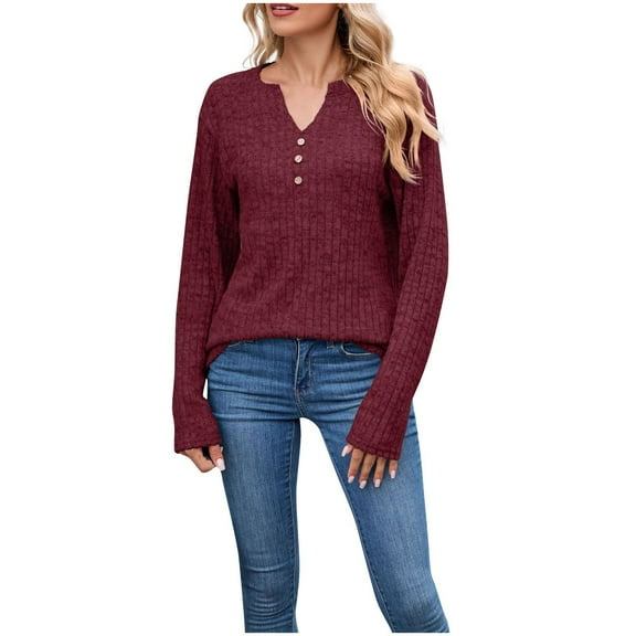 Ltctricy Long Sleeve Shirts for Women casual loose v neck ribbed knit tunic tops fall fashion lightweight sweaters(Wine,Medium)