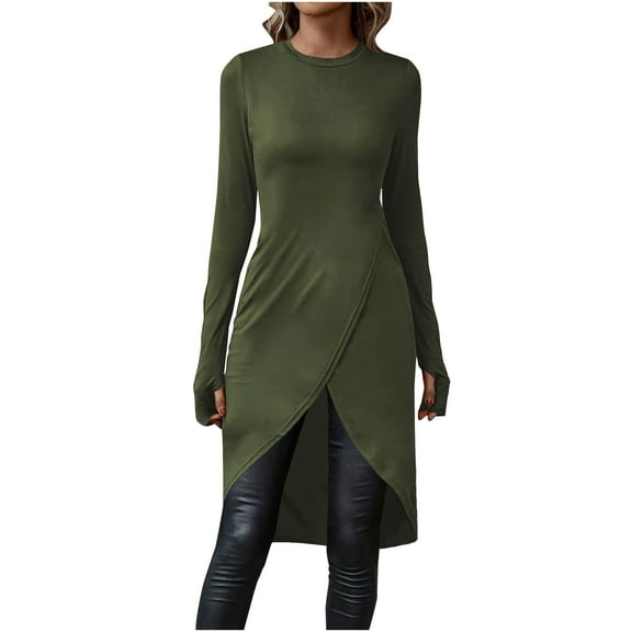 Ltctricy Long Sleeve Tops for Women Slim Fashion Spring Crewneck Long Shirts Slit Hem Basic Tunic Blouses