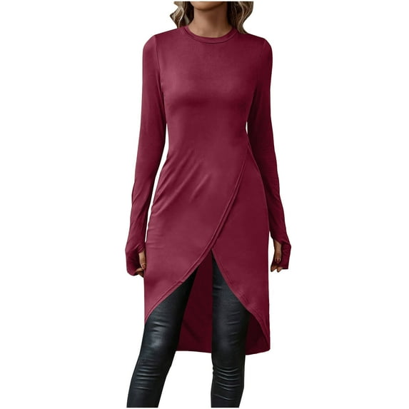 Ltctricy Long Sleeve Tops for Women Slim Fashion Spring Crewneck Long Shirts Slit Hem Basic Tunic Blouses