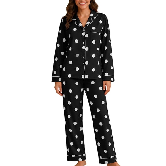 Ltctricy Lounge Sets for Women 2 Piece Cute Pajama Sets Button Down Collared Pj Set Polka Dot Comfy Loungewear Sets(Black,Large)