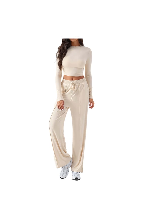 Lounge Sets for Women Long Sleeve Mock Neck Slim Crop Top and Elastic Waist Wide Leg Pants 2 Piece Workout Sets(Beige,Small)