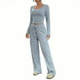 thumbnail image 1 of Ltctricy Lounge Sets for Women Ribbed Knit Striped Long Sleeve Square Neck Slim Crop Tops Wide Leg Pants 2 Piece Pajama Sets(Blue,Medium), 1 of 7