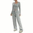 thumbnail image 1 of Ltctricy Lounge Sets for Women Ribbed Knit Striped Long Sleeve Square Neck Slim Crop Tops Wide Leg Pants 2 Piece Pajama Sets(Gray,X-Large), 1 of 7