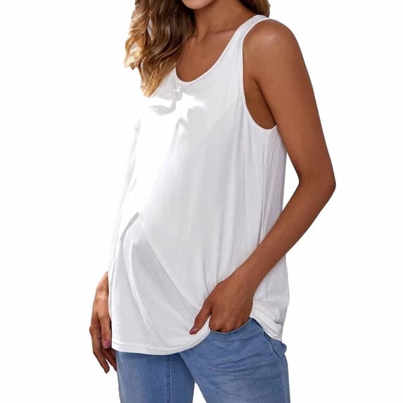 Ltctricy Maternity Tank Tops for Women Soft Casual Scoop Neck Double Layer Sleeveless Tunic Shirts Cami Pregnancy Blouses(White,X-Large)