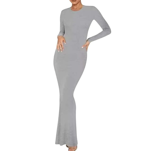 Ltctricy Maxi Dresses for Women Elegant Slim Long Sleeve Bodycon Pencil Dress Casual Crewneck Club Party Dresses