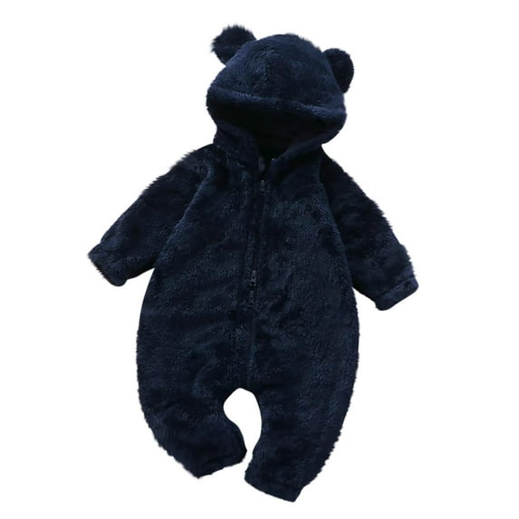 Ltctricy Newborn Baby Fleece Jumpsuits Infant Warm Long Sleeve Zip up Fuzzy Hooded Rompers Plush Onesie Outwear Outfits(Navy,12-24 Months)