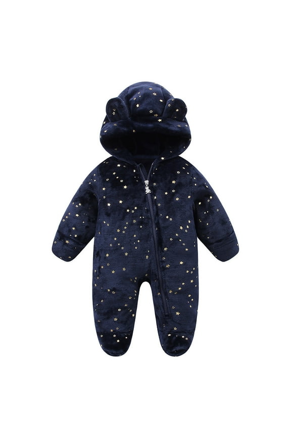 Newborn Baby Fleece Jumpsuits Unisex Infant Fuzzy Warm Printed Long Sleeve Zip up Hooded Footed Rompers Plush Onesie Outfits(Navy,12-18 Months)