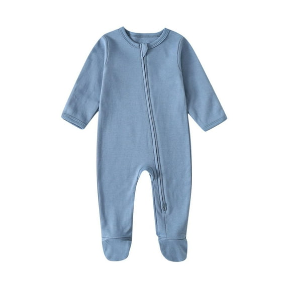 Ltctricy Newborn Footed Jumpsuits Unisex Baby Long Sleeve Crew Neck Zip up Cotton Rompers Infant One Piece Outfits(Blue,9-12 Months)