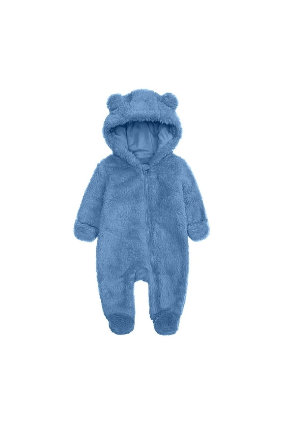 Newborn Fuzzy Fleece Jumpsuits Unisex Baby Long Sleeve Zip up Plush Hooded Footed Rompers Winter Warm Outwear Outfits(Blue,6-9 Months)