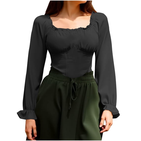 Ltctricy Off the Shoulder Tops for Women Ruffle Long Sleeve Ruched Slim Cropped Vintage Blouses Going out Shirts(Black,X-Large)
