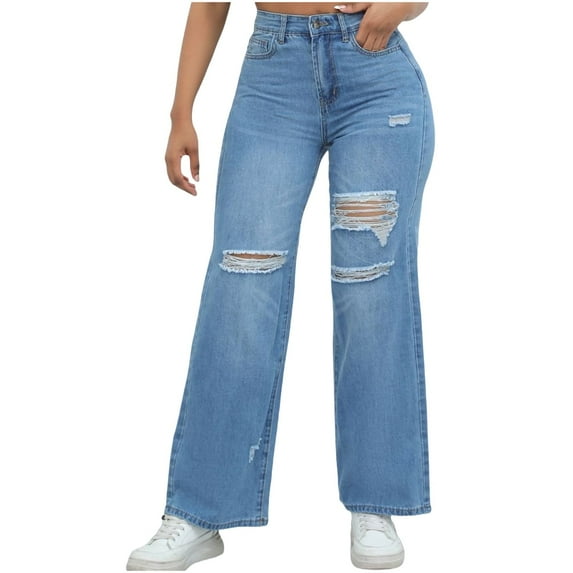 Ltctricy Women's Wide Leg Jeans Baggy High Waisted Ripped Hem Distressed Denim Pants Casual Loose Trendy Trousers