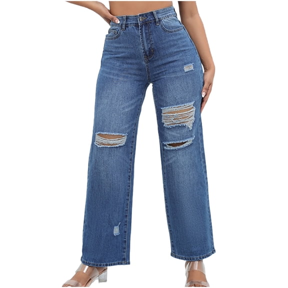 Ltctricy Women's Wide Leg Jeans Baggy High Waisted Ripped Hem Distressed Denim Pants Casual Loose Trendy Trousers