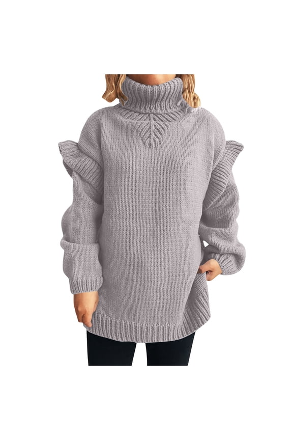Oversized Sweaters for Women Ruffle Long Sleeve Turtleneck Loose Casual Pullover Sweaters Fall Winter Knit Sweaters(Gray,Small)