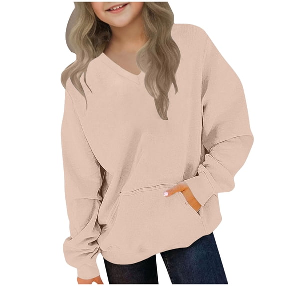 Ltctricy Oversized Sweatshirt for Girls Boys Comfy V Neck Pullover Tops Toddler Loose Fit Long Sleeve Shirts with Pockets(Pink aa1,11-12 Years)