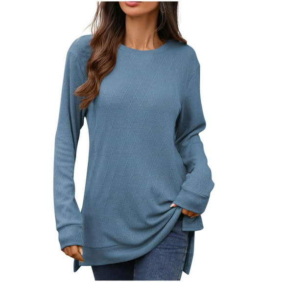 Ltctricy Oversized Sweatshirt for Women Crewneck Long Sleeve Side Split Textured Knit Pullover Tops Casual Tunic Sweatshirts(Dark Blue,Medium)