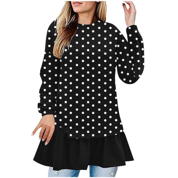 Ltctricy Oversized T Shirts for Women Printed Long Sleeve Crew Neck Patchwork Ruffle Hem Tunic Tops Casual Loose Blouses(Black,Medium)